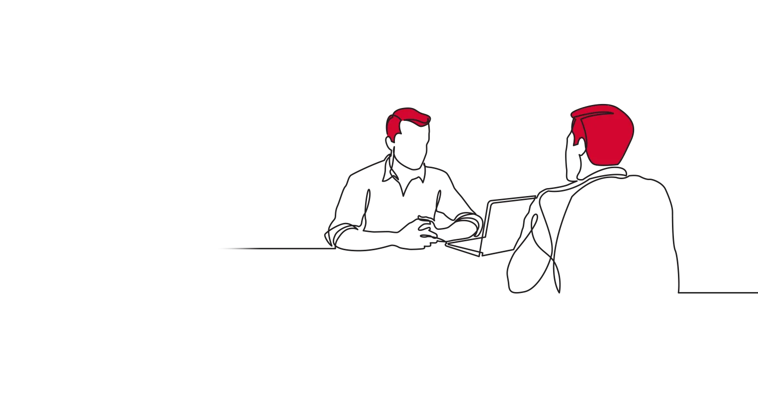 An illustration of two people meeting at a desk with a laptop between them