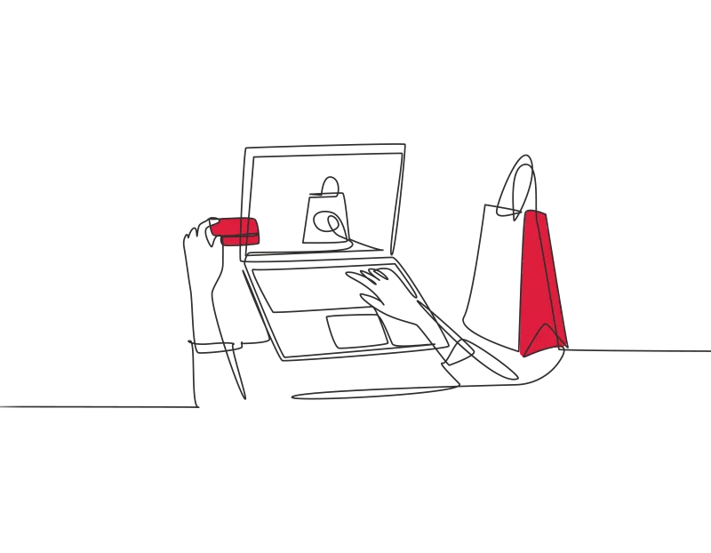 An illustration of someone using their laptop with a bank card in their left hand with a shopping bag next to them