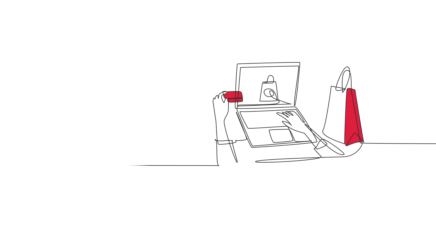 An illustration of someone using their laptop with a bank card in their left hand with a shopping bag next to them