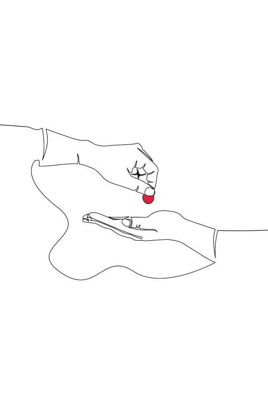 An illustration of a hand dropping a red coin into the palm of another