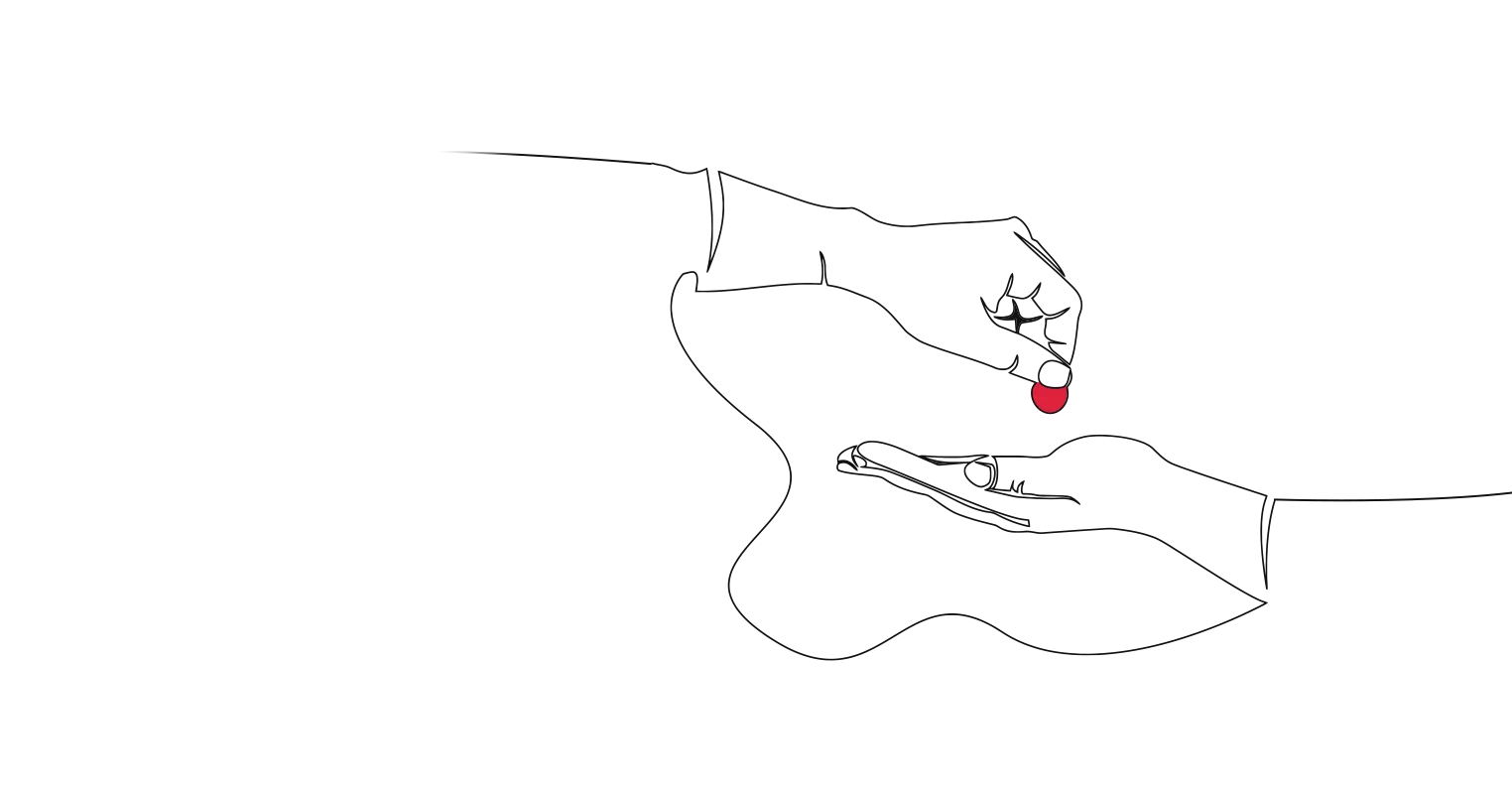 An illustration of a hand dropping a red coin into the palm of another