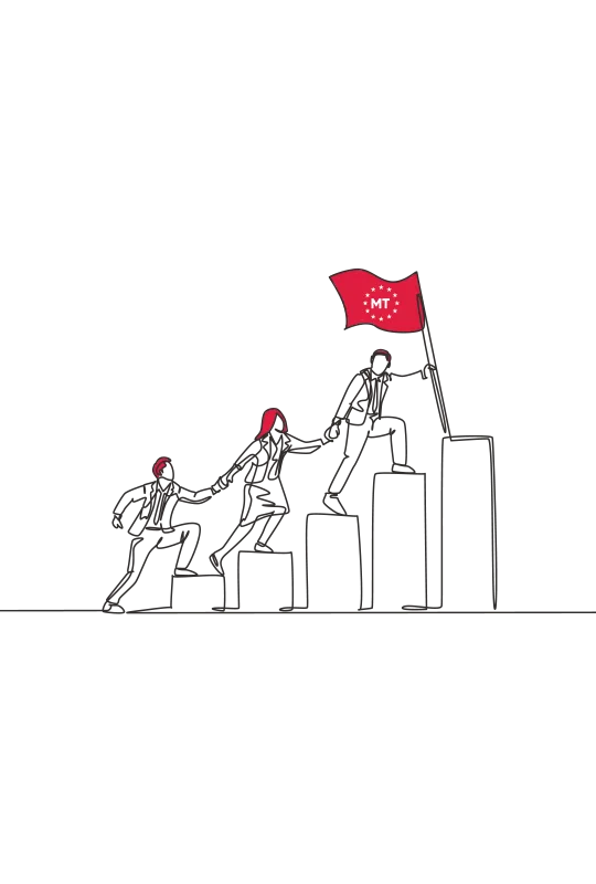 An illustration of three people hand in hand climbing up some steps - the lead man holds a flag that has 'MT' on it