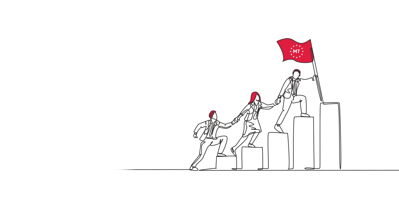 An illustration of three people hand in hand climbing up some steps - the lead man holds a flag that has 'MT' on it