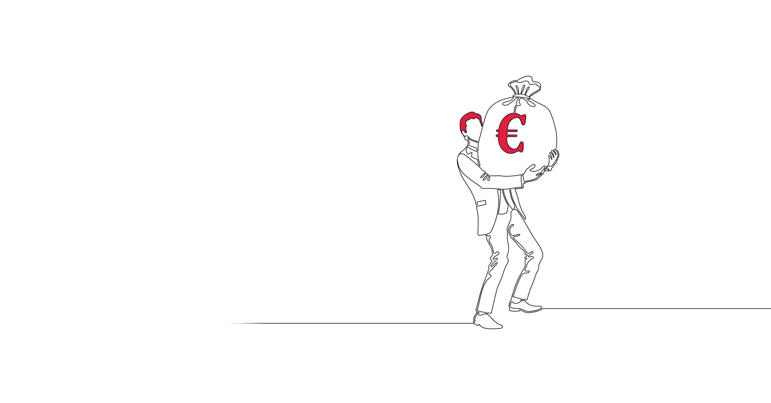 An illustration of a man holding a huge bag with a Euro currency sign on it