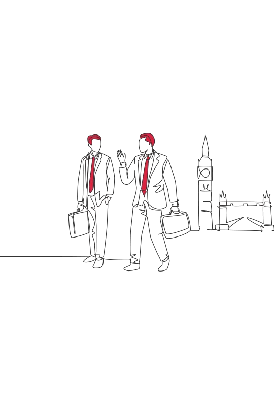 an illustration showing two men in suits with suitcases in front of London landmarks