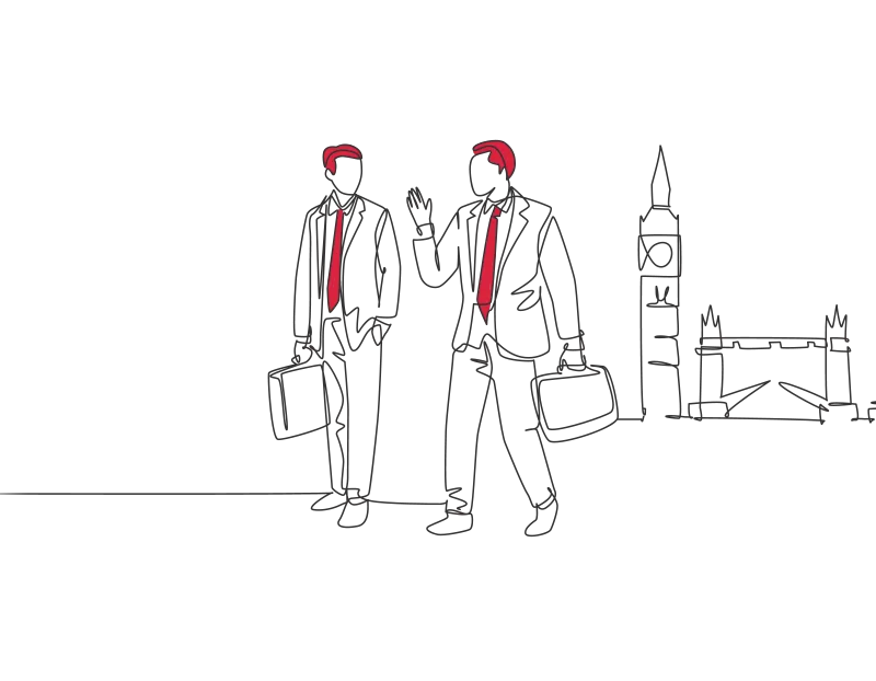 An illustration of two men in suits and ties, carrying briefcases and talking in front of London landmarks