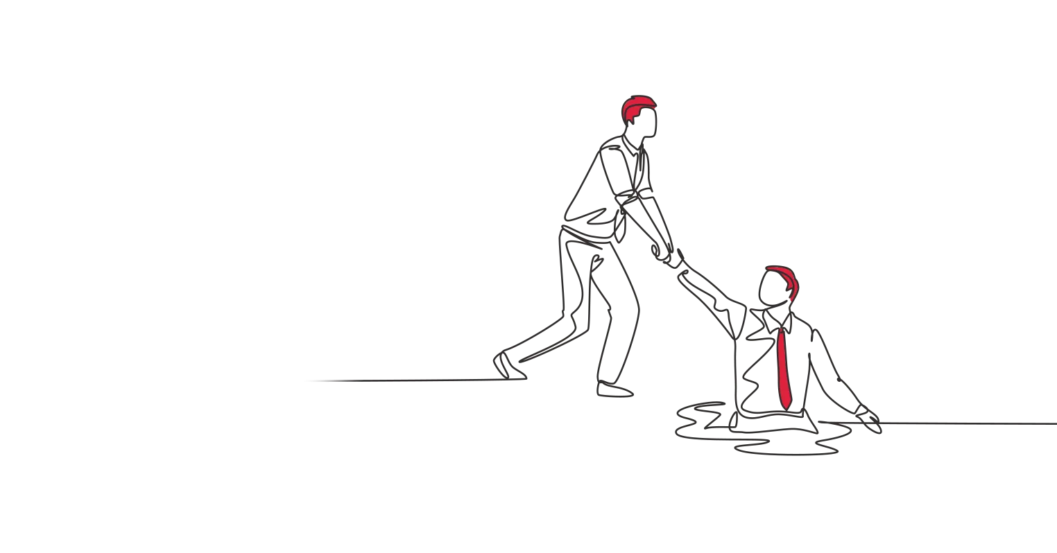 An illustration of a man pulling another one out of a hole which he's in to his waist