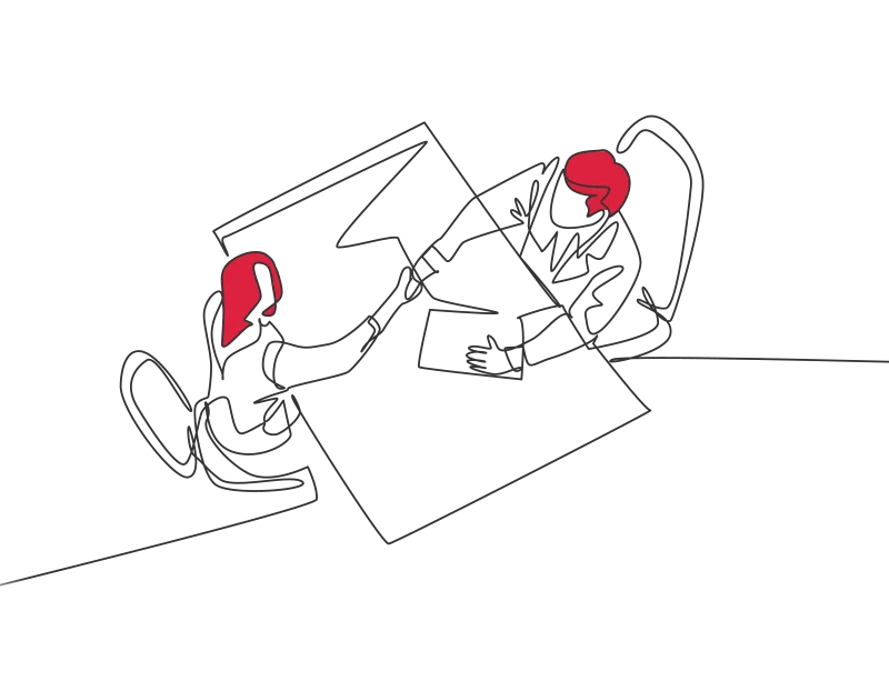 An illustration of two people seated, shaking hands over a table