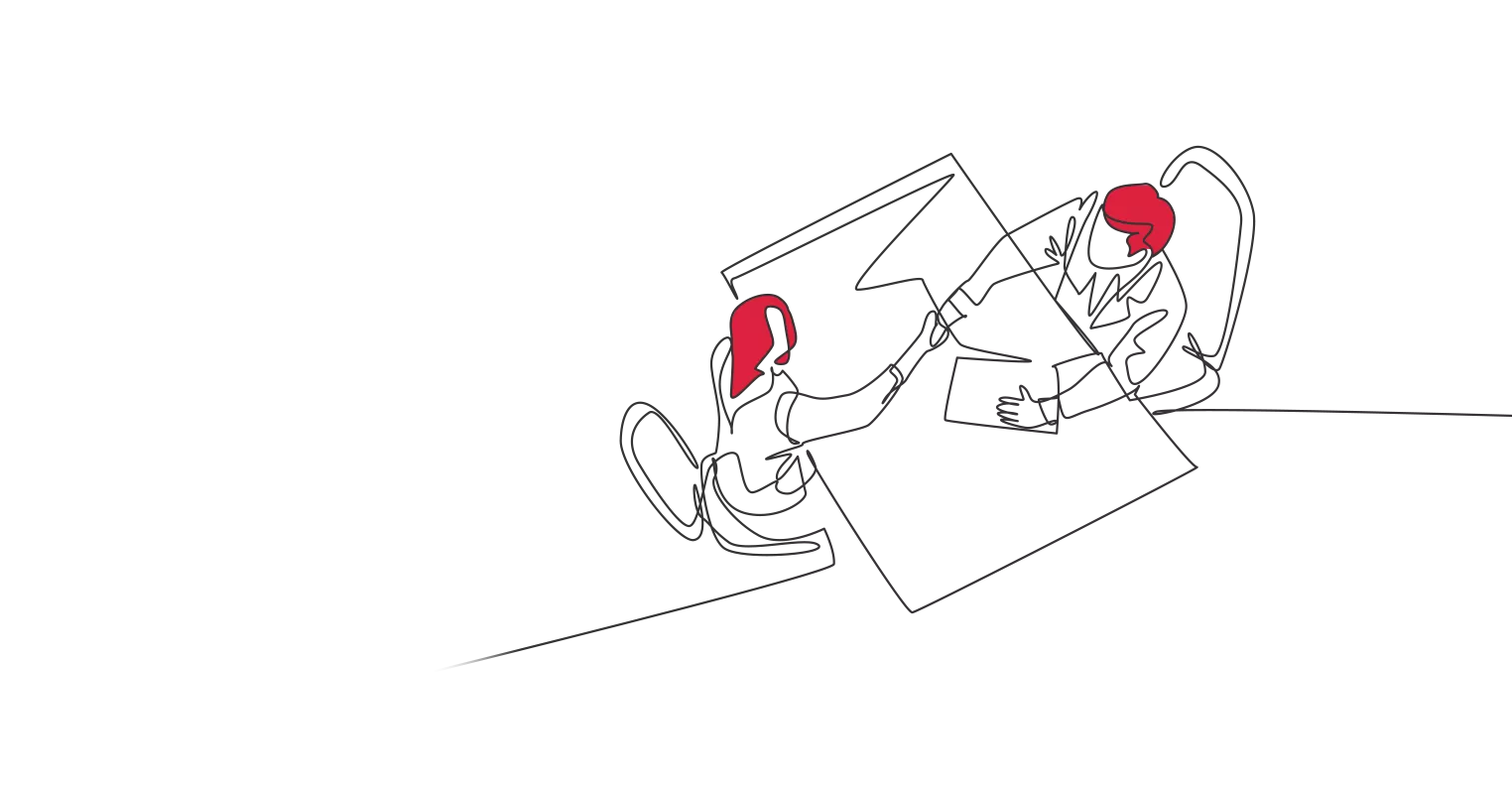 An illustration of two people seated, shaking hands over a table