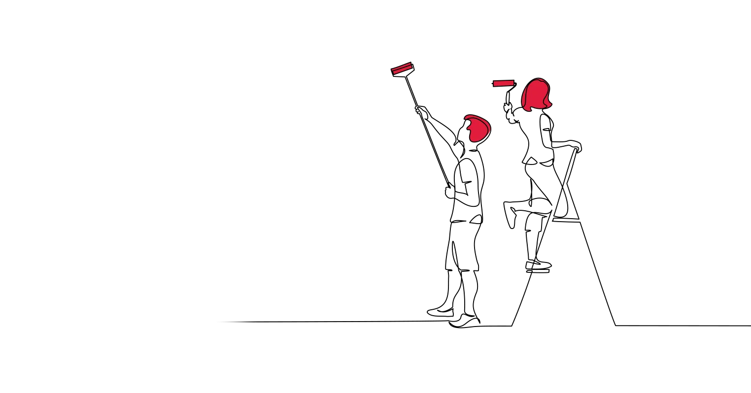 An illustration of a man and woman painting a wall with rollers, the woman on a stepladder