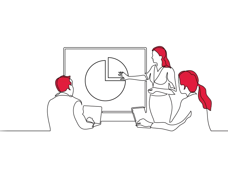 An illustration of a woman standing to give a presentation to two seated people with laptops