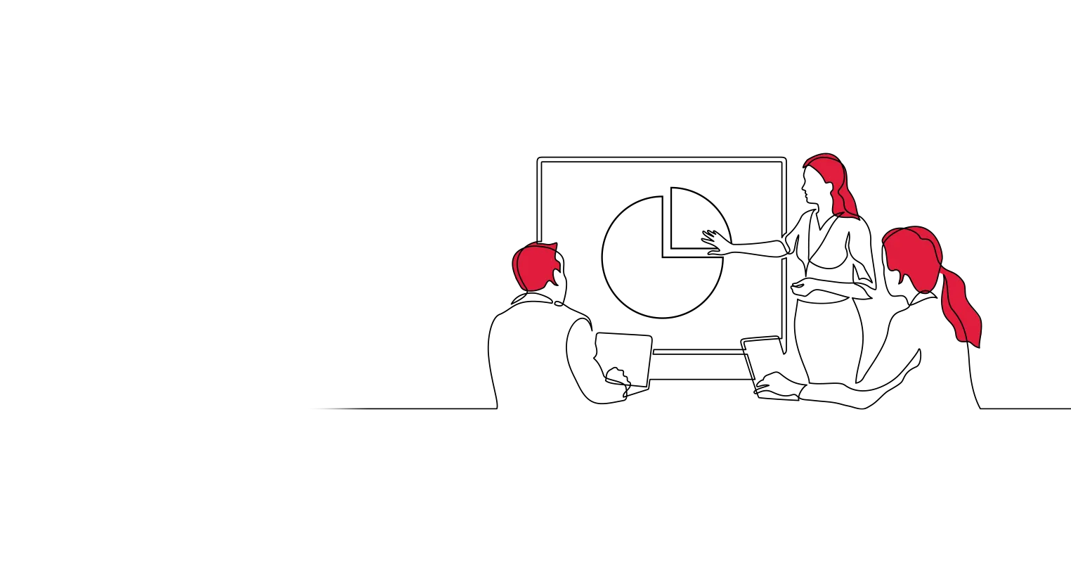 An illustration of a woman standing to give a presentation to two seated people with laptops