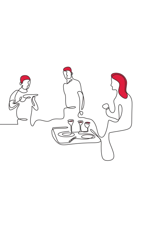 An illustration of three people sat around enjoying drinks