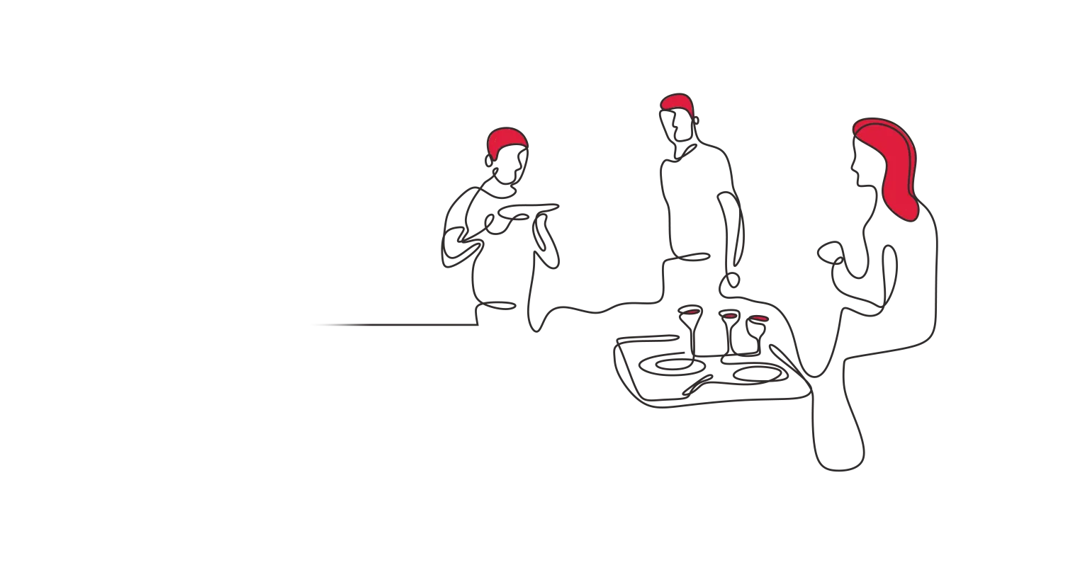 An illustration of three people sat around enjoying drinks