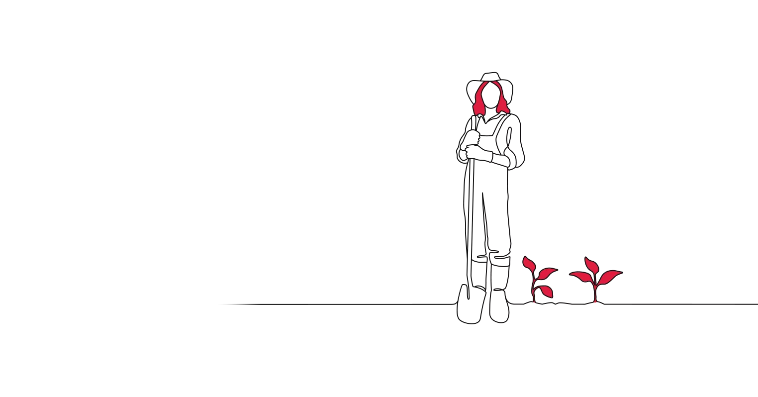 An illustration of a farmer holding a farming tool, next to some red seedlings