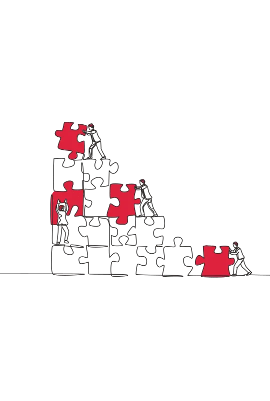 An illustration of four men rearranging numerous large jigsaw pieces together