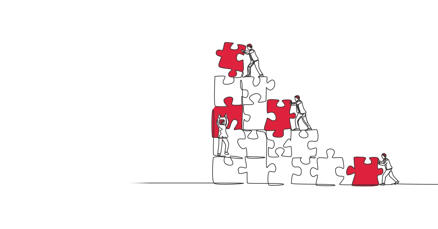 An illustration of four men rearranging numerous large jigsaw pieces together