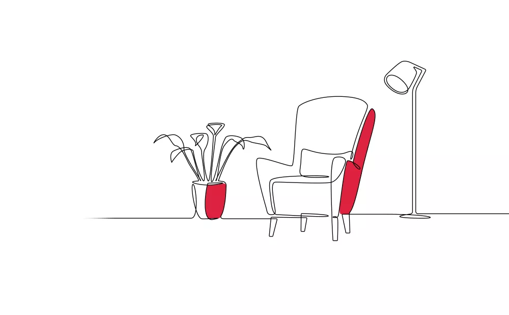 An illustration of a chair next to a floor-standing lamp and a pot plant