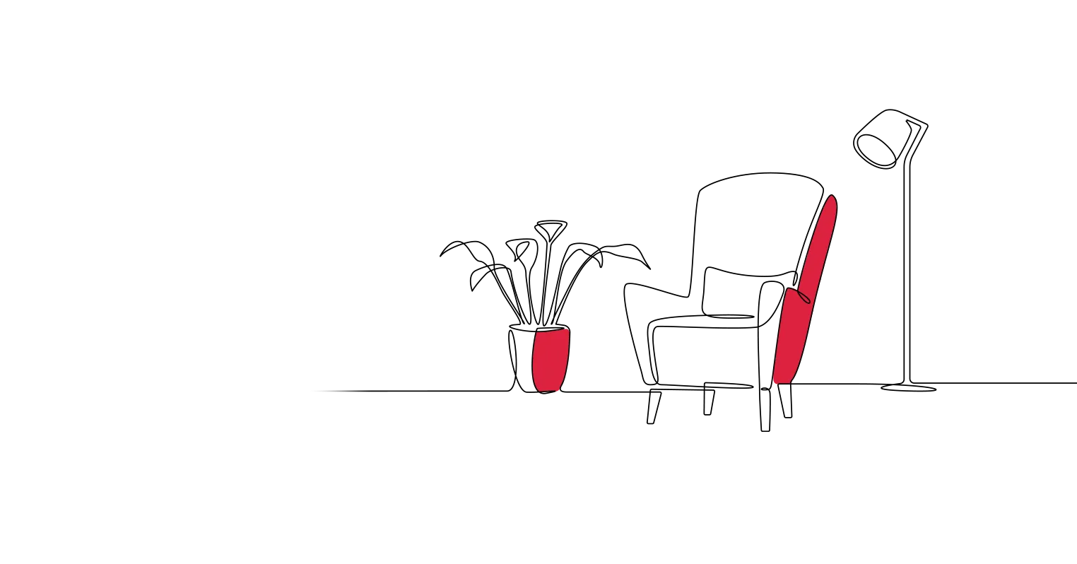 An illustration of a chair next to a floor-standing lamp and a pot plant