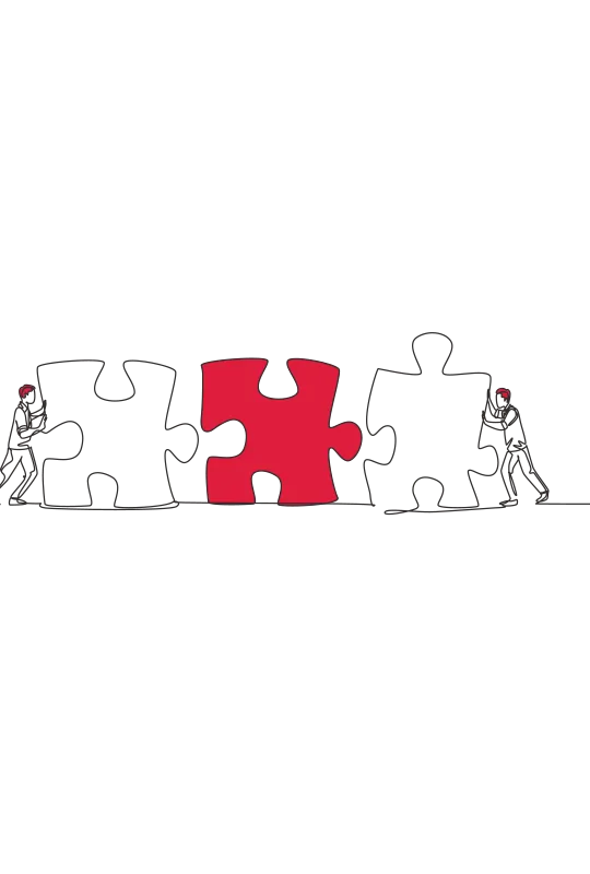 An illustration of two men pushing giant jigsaw pieces together