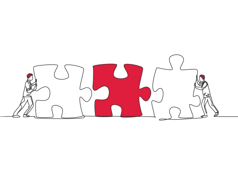 An illustration of two men pushing giant jigsaw pieces together