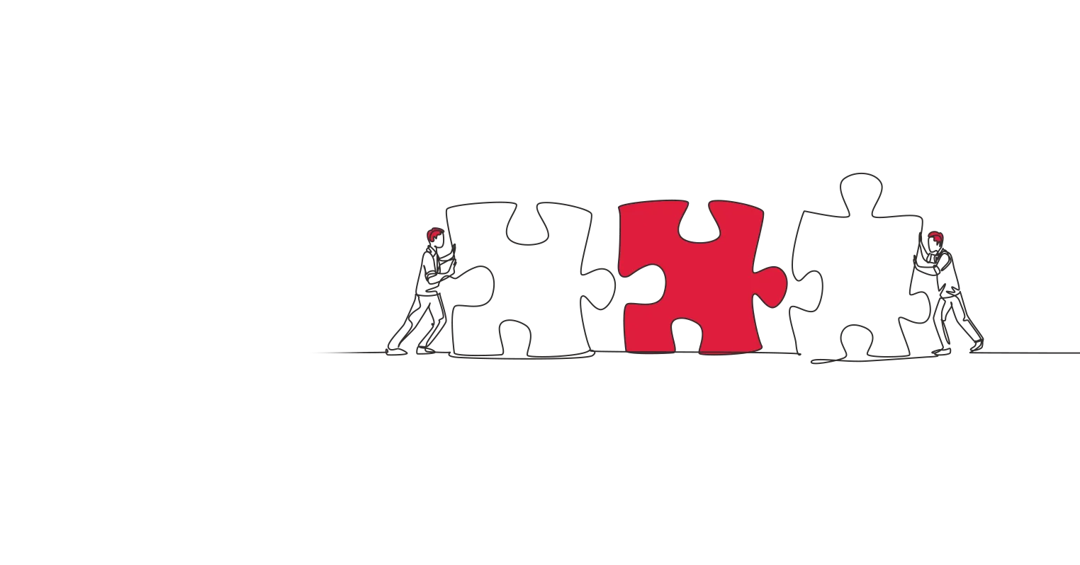 An illustration of two men pushing giant jigsaw pieces together