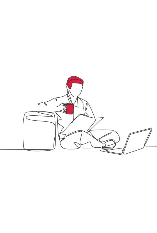 An illustration of a man sat cross legged, reading while having a drink, an open laptop in front of him