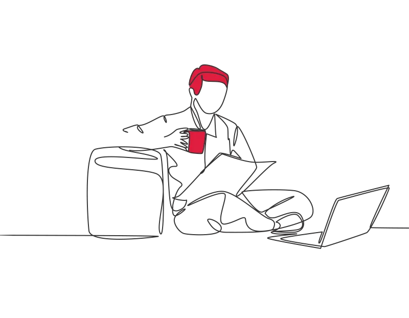 An illustration of a man sat cross legged, reading while having a drink, an open laptop in front of him