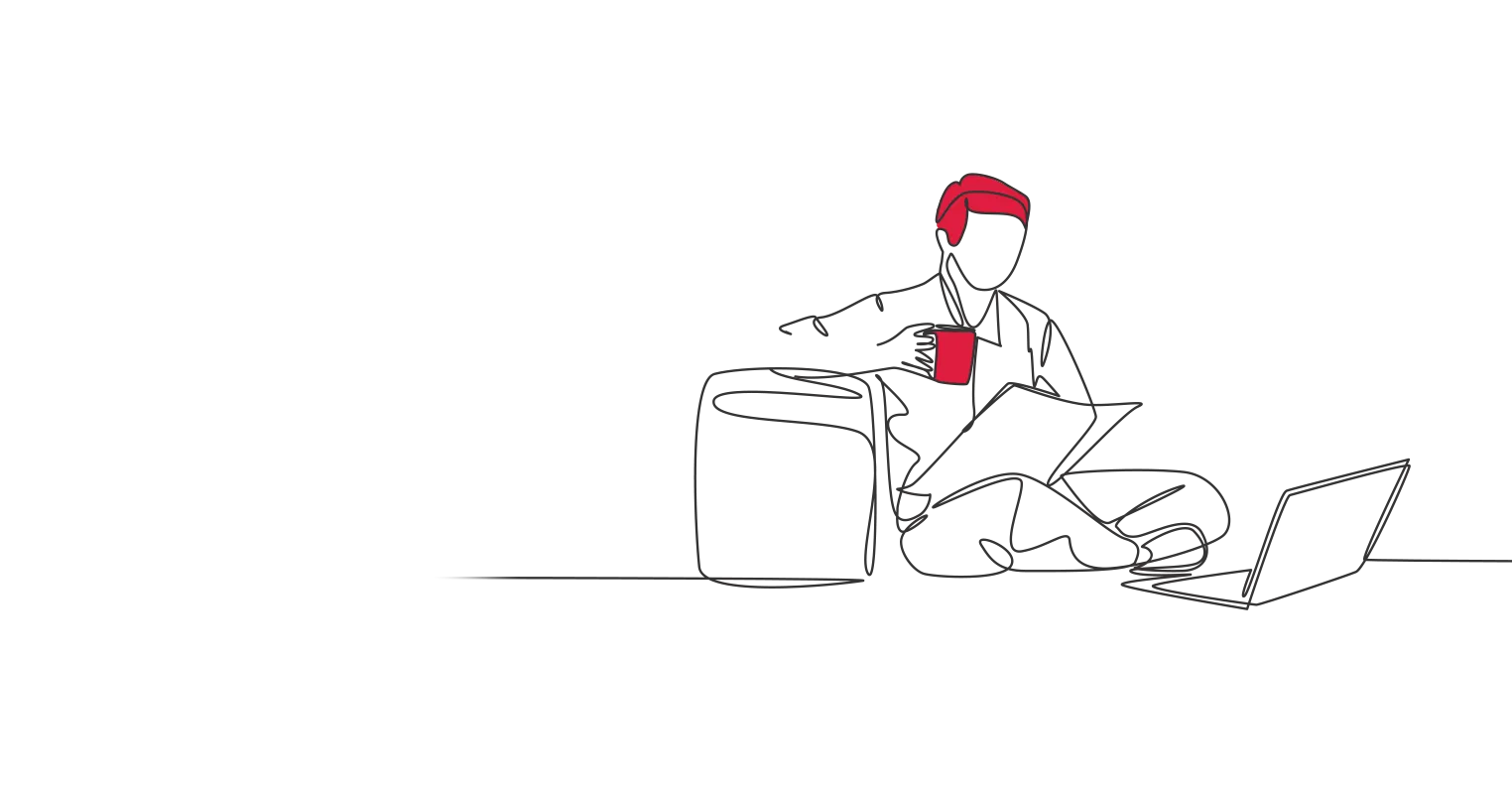 An illustration of a man sat cross legged, reading while having a drink, an open laptop in front of him