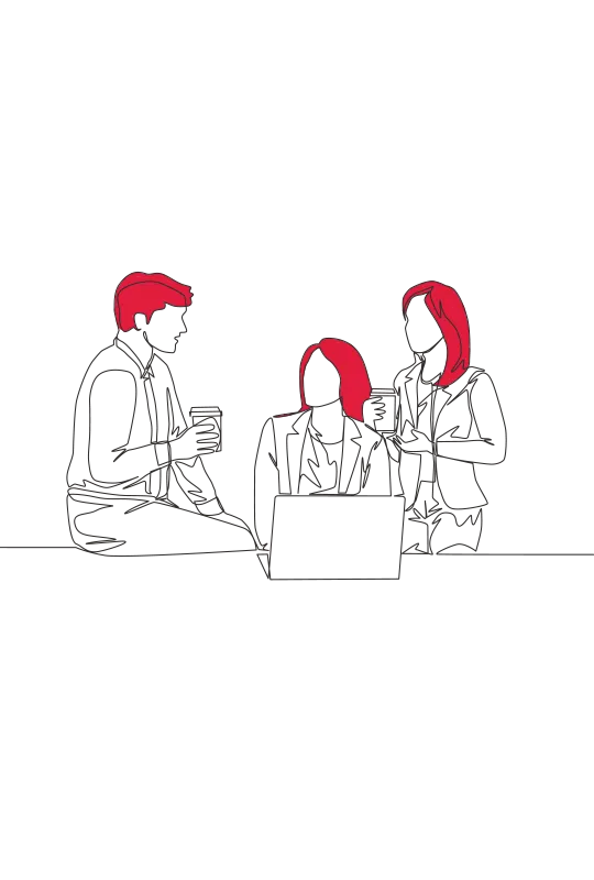 An illustration of a man sat on a table talking to two women, one seated with a laptop, one standing