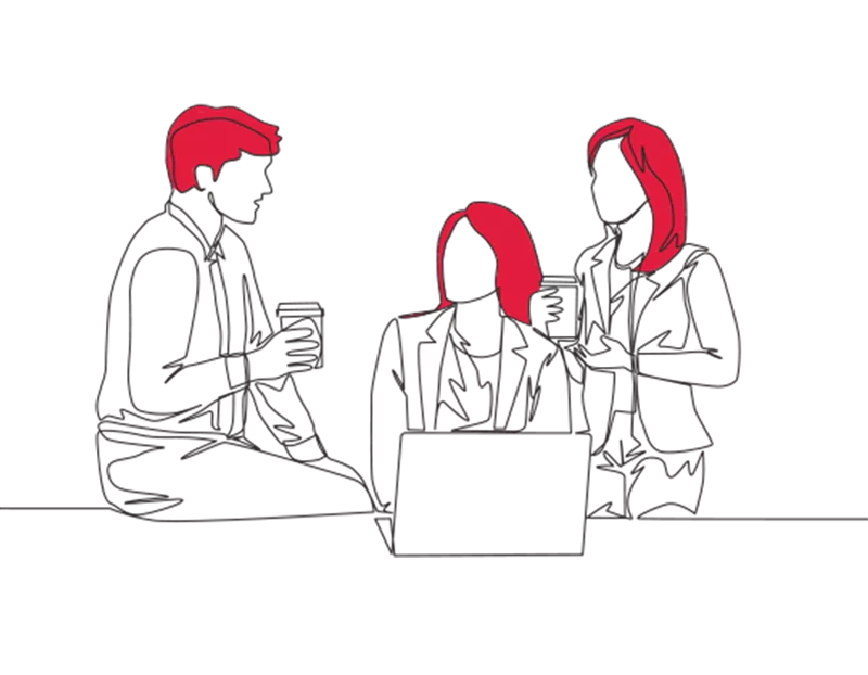 An illustration of a man sat on a table talking to two women, one seated with a laptop, one standing