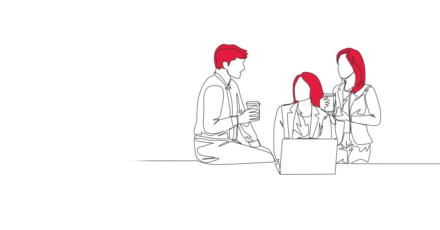 An illustration of a man sat on a table talking to two women, one seated with a laptop, one standing