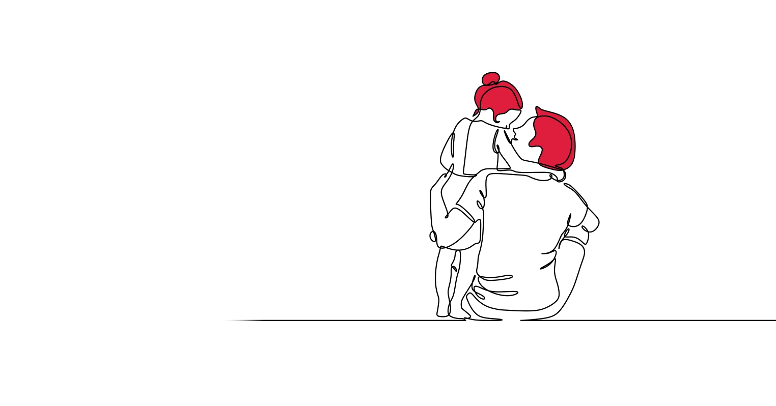 An illustration of a child standing up with its arm around the neck of an adult