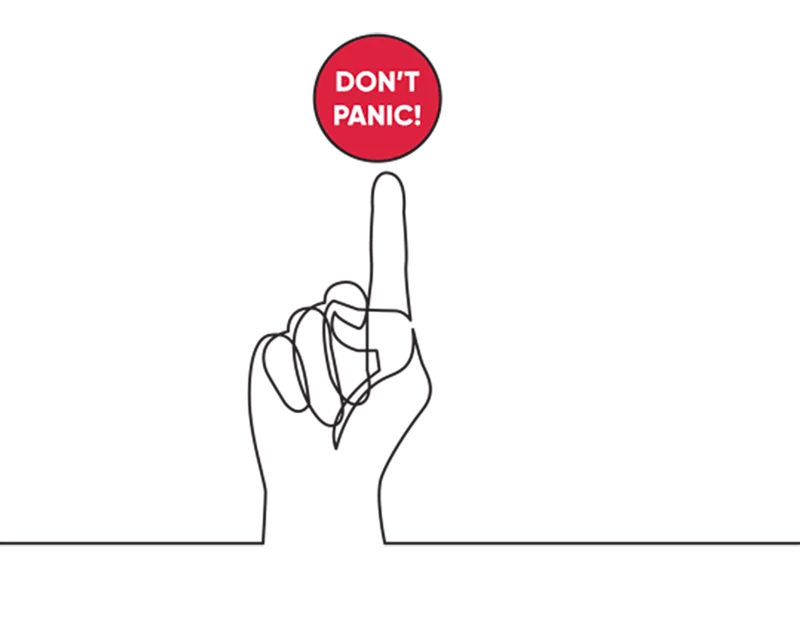An illustration of a hand with its index finger pointing vertically to a button that reads 'Don't panic'
