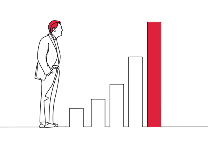 A man stands looking at five different bars which grow in size, the tallest one is coloured red