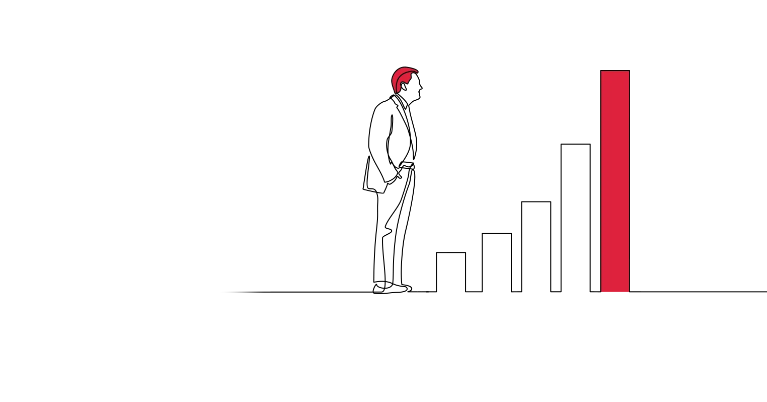 A man stands looking at five different bars which grow in size, the tallest one is coloured red