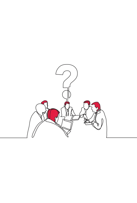 An illustration of six people around a meeting table, with a large question mark above them