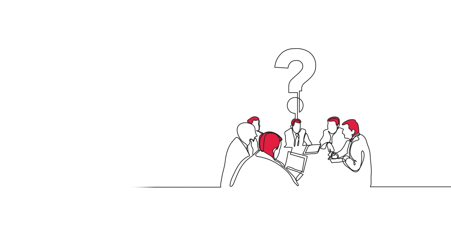 An illustration of six people around a meeting table, with a large question mark above them