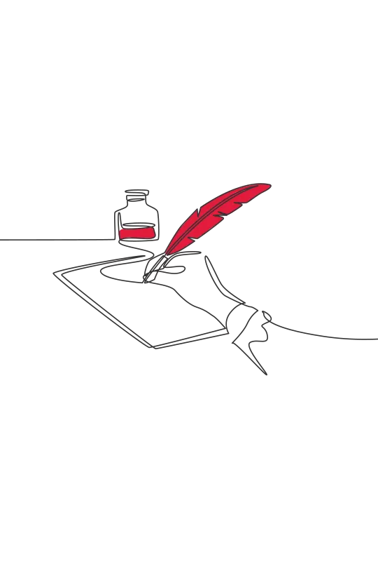 Illustration of a hand signing a document with a red-quilled pen with an ink pot