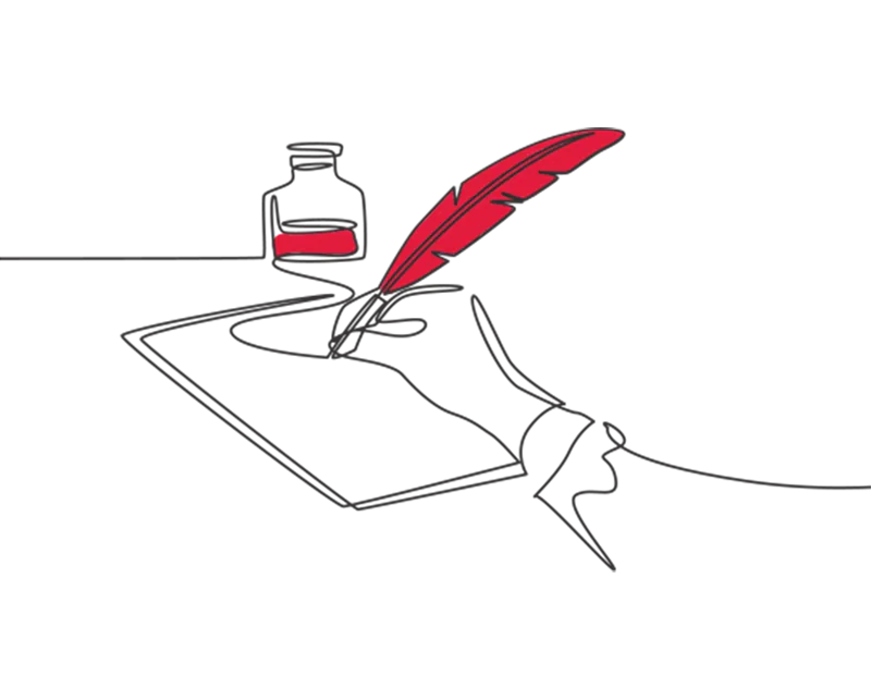 Illustration of a hand signing a document with a red-quilled pen with an ink pot