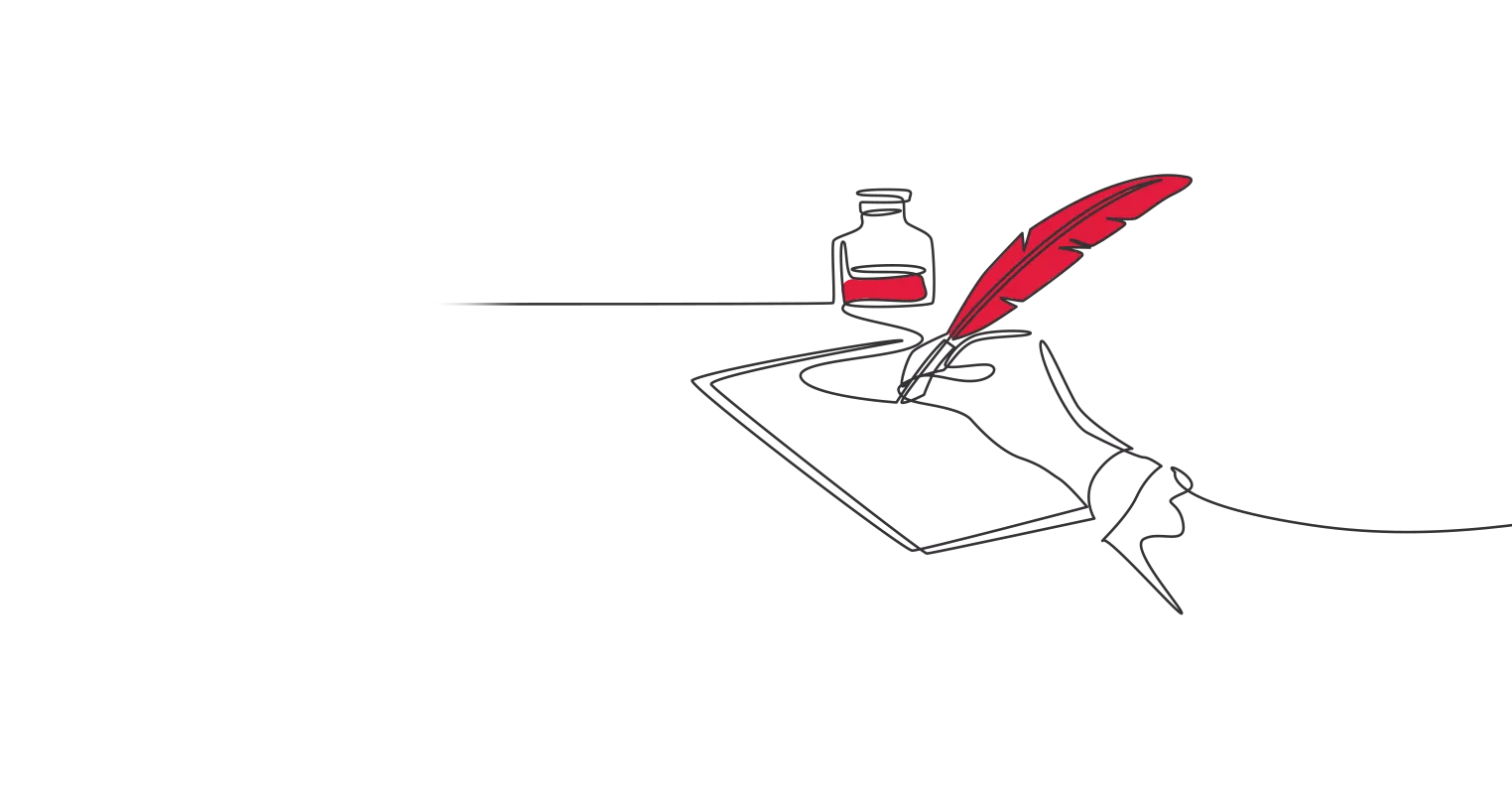 Illustration of a hand signing a document with a red-quilled pen with an ink pot