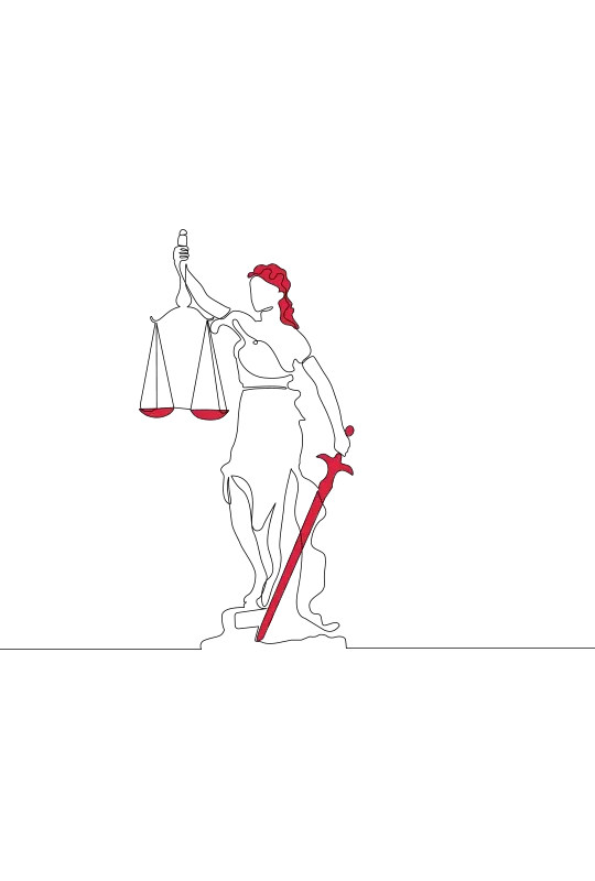 Illustration of the statue of justice outside the Old Bailey, but with the sword lowered