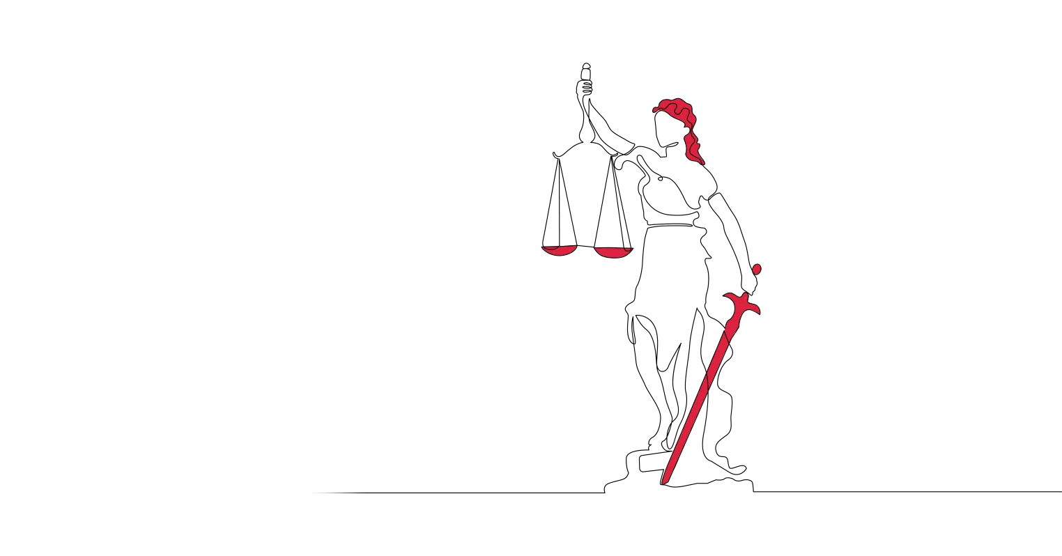 Illustration of the statue of justice outside the Old Bailey, but with the sword lowered