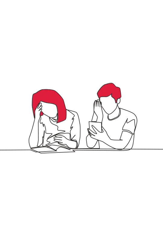 Illustration of a man and woman, each with their head in their right hands