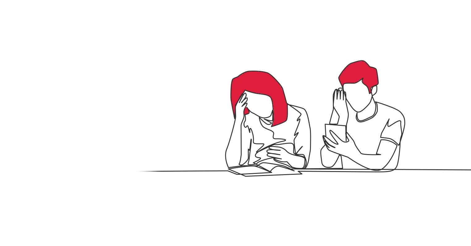 Illustration of a man and woman, each with their head in their right hands