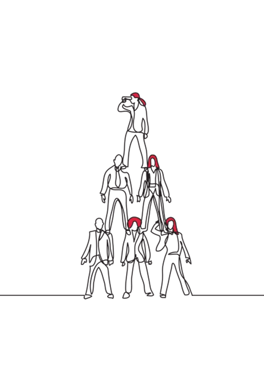 Illustration of a human pyramid with three people at the base, two in the middle and one on top who is peering into the distance through a telescope