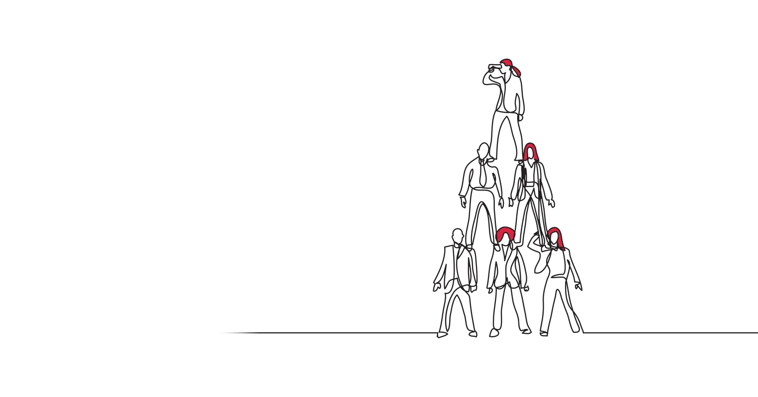 Illustration of a human pyramid with three people at the base, two in the middle and one on top who is peering into the distance through a telescope