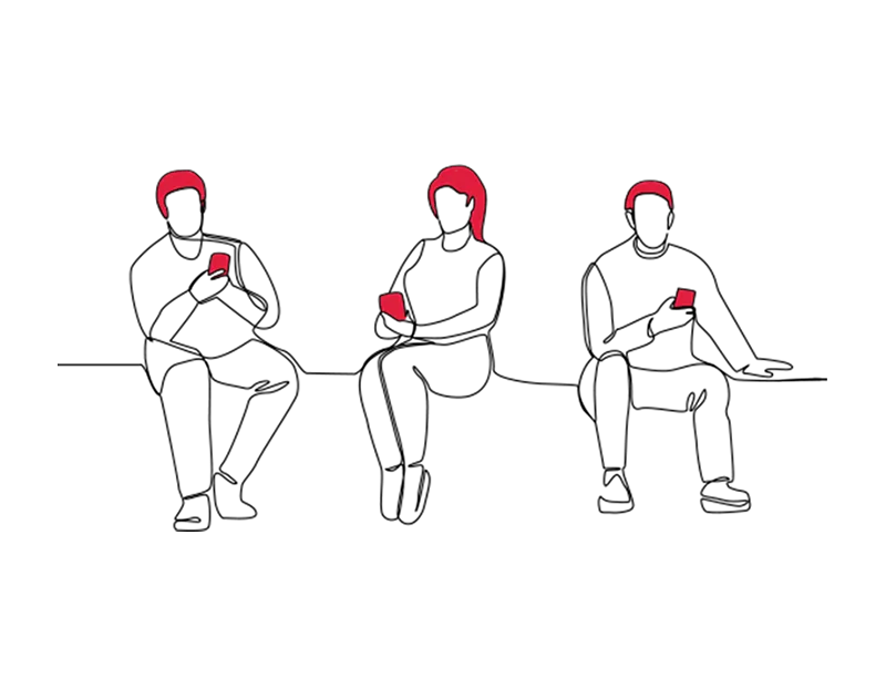 Illustration of three people sat in a row, all looking at their phones