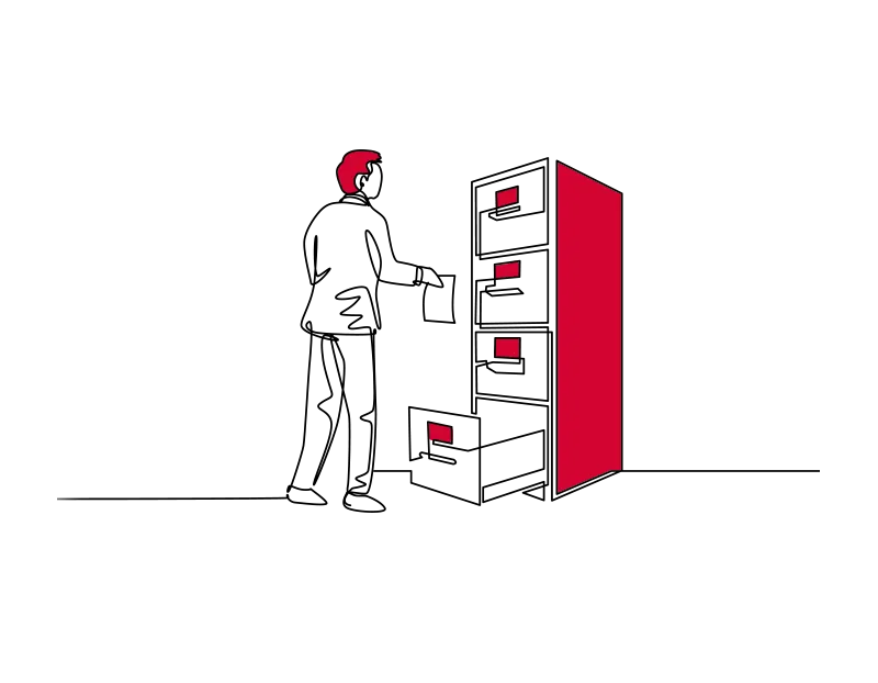 Illustration of a person filing something into the bottom of a four-drawer filing cabinet