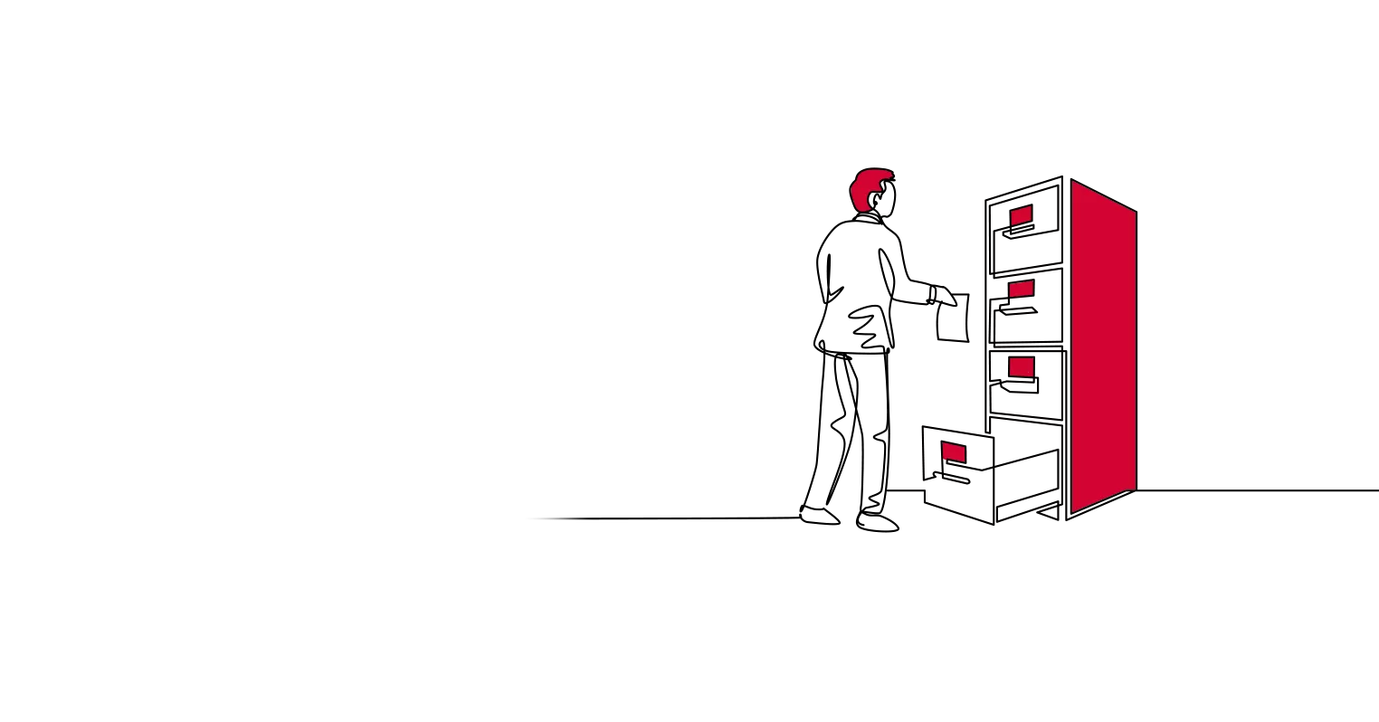 Illustration of a person filing something into the bottom of a four-drawer filing cabinet